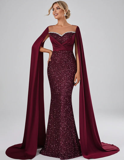 Sequin Cape Sleeve Sweetheart Mermaid Maxi Dress for Party, Cocktail, Evening, Wedding Guest, Prom & Summer Events, front vie | SKU: CMD-583920174618352-BURGUNDY-L,CMD-583920174618352-BURGUNDY-M,CMD-583920174618352-BURGUNDY-S,CMD-583920174618352-BURGUNDY-XL,CMD-583920174618352-BURGUNDY-XS