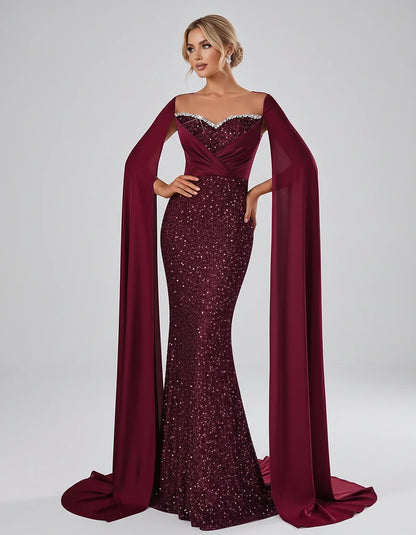 Sequin Cape Sleeve Sweetheart Mermaid Maxi Dress for Party, Cocktail, Evening, Wedding Guest, Prom & Summer Events, front vie | SKU: CMD-583920174618352-BURGUNDY-L,CMD-583920174618352-BURGUNDY-M,CMD-583920174618352-BURGUNDY-S,CMD-583920174618352-BURGUNDY-XL,CMD-583920174618352-BURGUNDY-XS