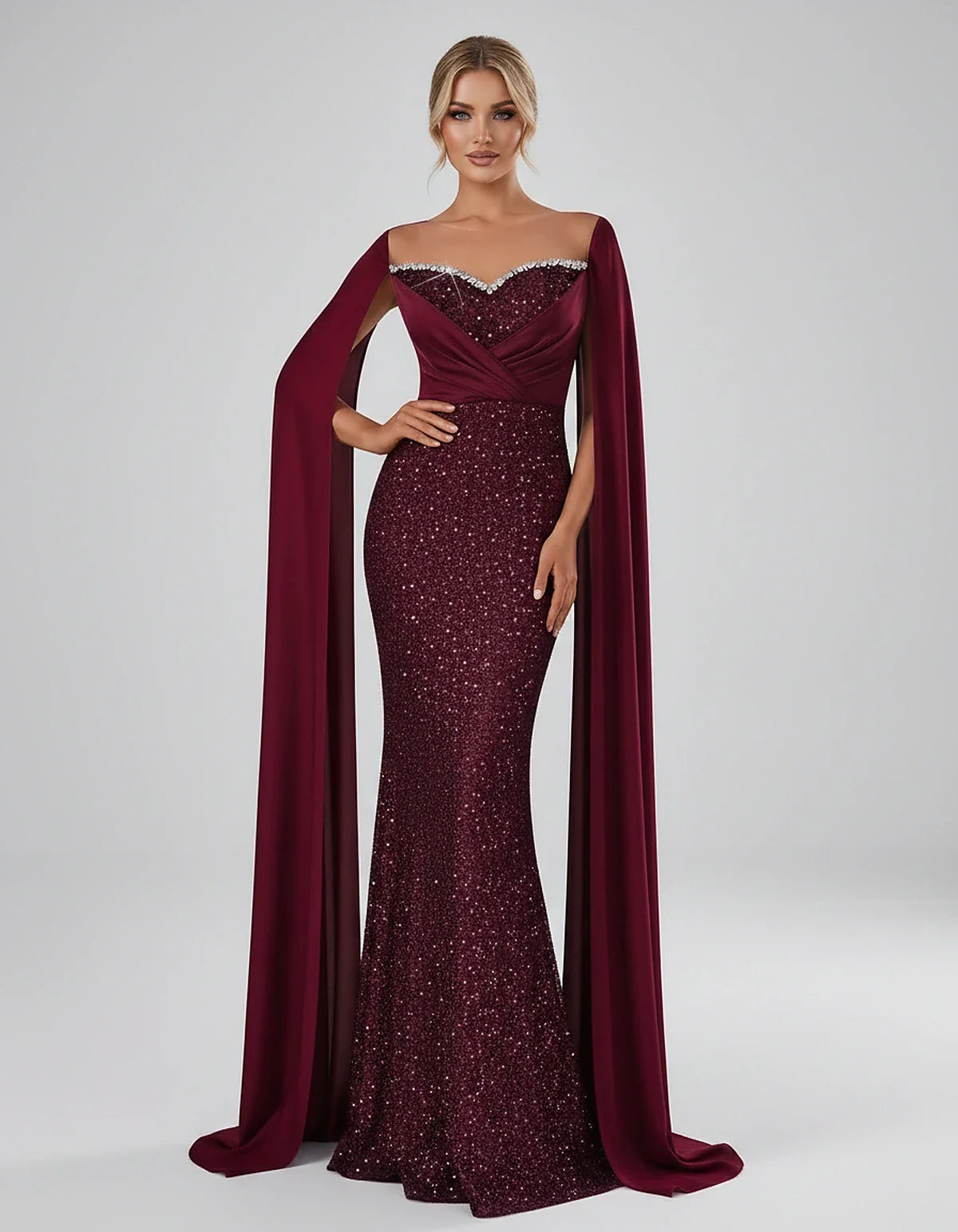 Sequin Cape Sleeve Sweetheart Mermaid Maxi Dress for Party, Cocktail, Evening, Wedding Guest, Prom & Summer Events, front vie | SKU: CMD-583920174618352-BURGUNDY-L,CMD-583920174618352-BURGUNDY-M,CMD-583920174618352-BURGUNDY-S,CMD-583920174618352-BURGUNDY-XL,CMD-583920174618352-BURGUNDY-XS