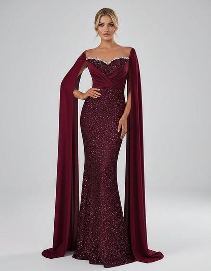 Sequin Cape Sleeve Sweetheart Mermaid Maxi Dress for Party, Cocktail, Evening, Wedding Guest, Prom & Summer Events, front vie | SKU: CMD-583920174618352-BURGUNDY-L,CMD-583920174618352-BURGUNDY-M,CMD-583920174618352-BURGUNDY-S,CMD-583920174618352-BURGUNDY-XL,CMD-583920174618352-BURGUNDY-XS
