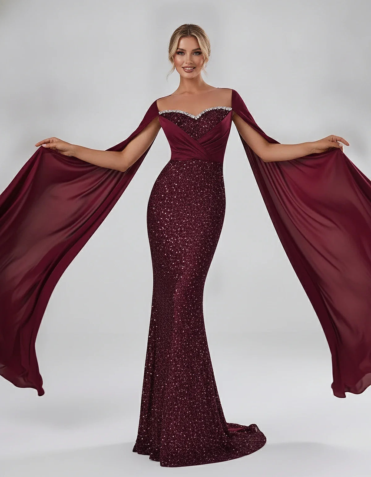 Sequin Cape Sleeve Sweetheart Mermaid Maxi Dress for Party, Cocktail, Evening, Wedding Guest, Prom & Summer Events, front vie | SKU: CMD-583920174618352-BURGUNDY-L,CMD-583920174618352-BURGUNDY-M,CMD-583920174618352-BURGUNDY-S,CMD-583920174618352-BURGUNDY-XL,CMD-583920174618352-BURGUNDY-XS