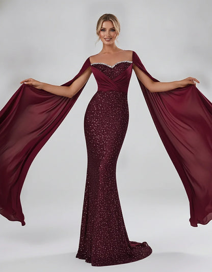 Sequin Cape Sleeve Sweetheart Mermaid Maxi Dress for Party, Cocktail, Evening, Wedding Guest, Prom & Summer Events, front vie | SKU: CMD-583920174618352-BURGUNDY-L,CMD-583920174618352-BURGUNDY-M,CMD-583920174618352-BURGUNDY-S,CMD-583920174618352-BURGUNDY-XL,CMD-583920174618352-BURGUNDY-XS