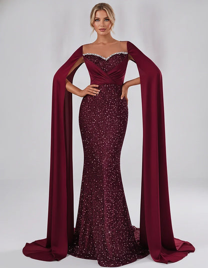 Sequin Cape Sleeve Sweetheart Mermaid Maxi Dress for Party, Cocktail, Evening, Wedding Guest, Prom & Summer Events, front vie | SKU: CMD-583920174618352-BURGUNDY-L,CMD-583920174618352-BURGUNDY-M,CMD-583920174618352-BURGUNDY-S,CMD-583920174618352-BURGUNDY-XL,CMD-583920174618352-BURGUNDY-XS