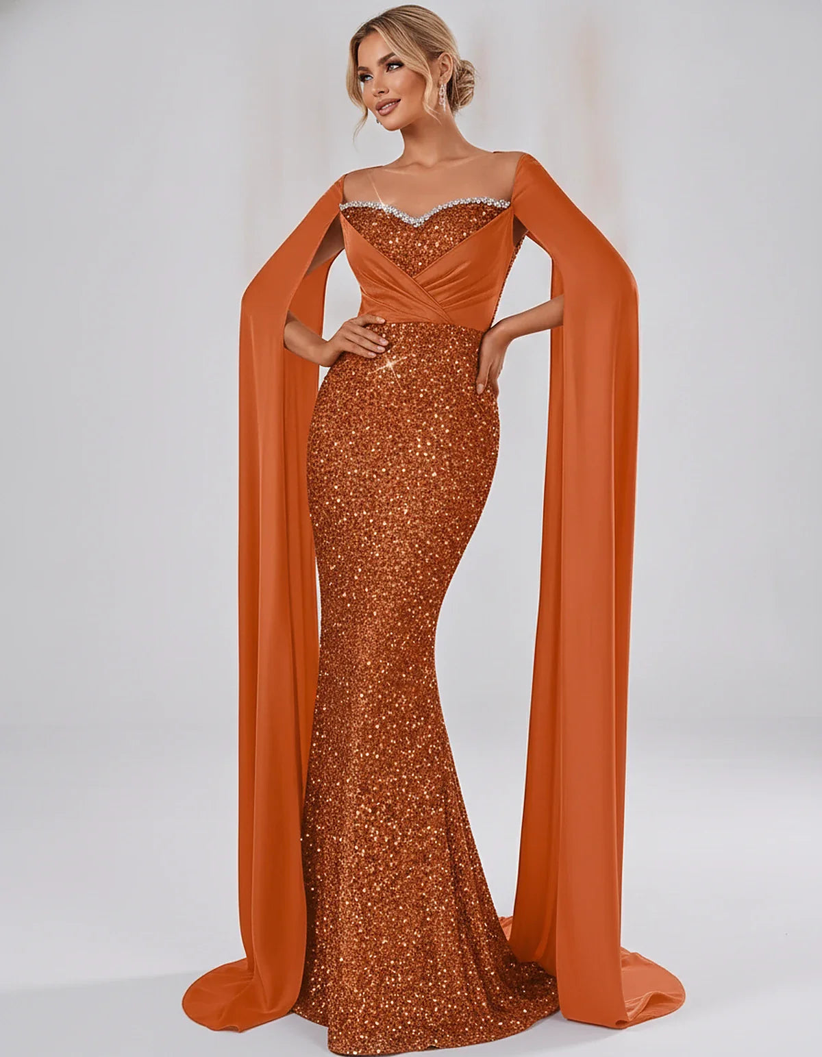 Sequin Cape Sleeve Sweetheart Mermaid Maxi Dress for Party, Cocktail, Evening, Wedding Guest, Prom & Summer Events, front vie | SKU: CMD-583920174618352-ORANGE-L,CMD-583920174618352-ORANGE-M,CMD-583920174618352-ORANGE-S,CMD-583920174618352-ORANGE-XL,CMD-583920174618352-ORANGE-XS
