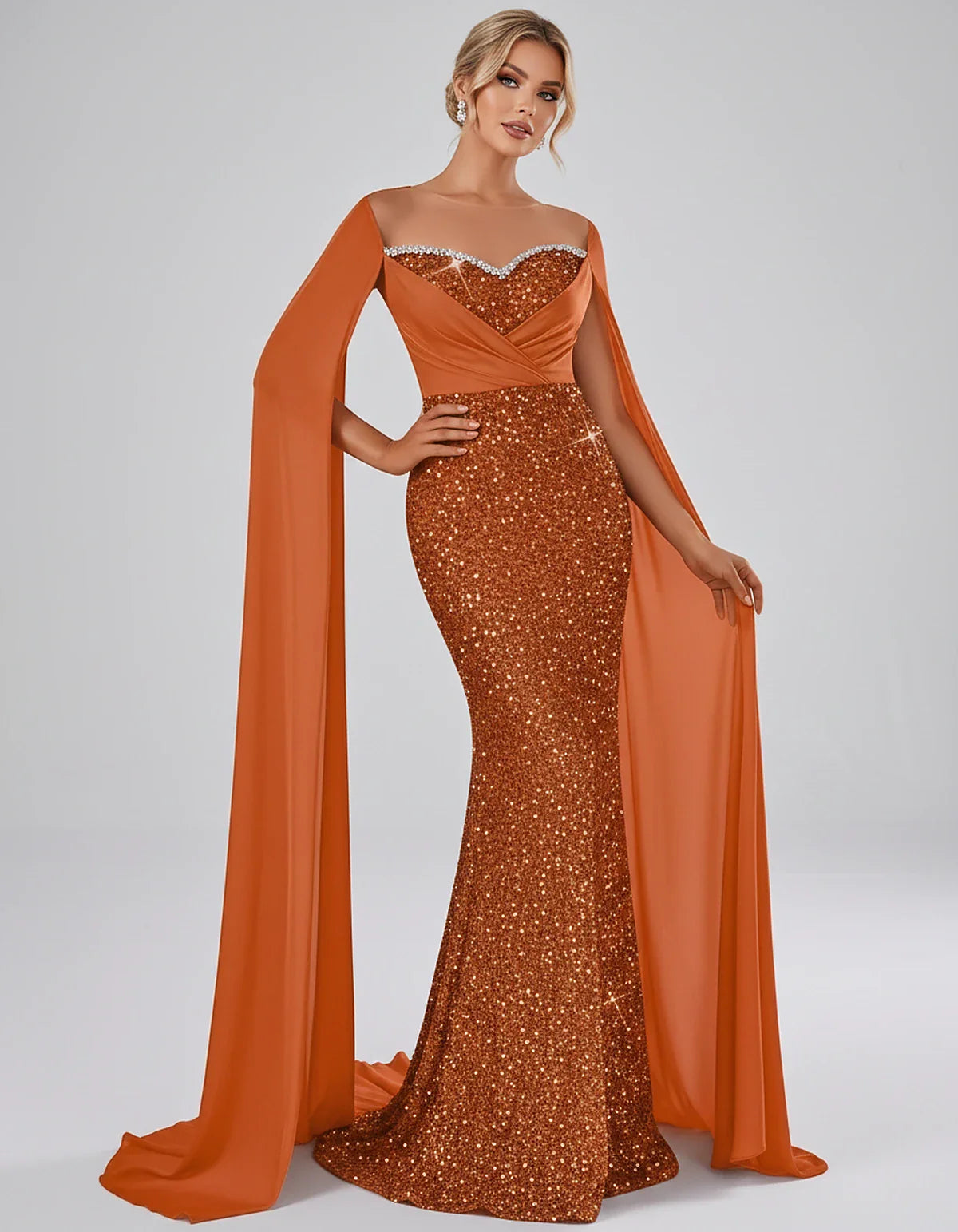 Sequin Cape Sleeve Sweetheart Mermaid Maxi Dress for Party, Cocktail, Evening, Wedding Guest, Prom & Summer Events, front vie | SKU: CMD-583920174618352-ORANGE-L,CMD-583920174618352-ORANGE-M,CMD-583920174618352-ORANGE-S,CMD-583920174618352-ORANGE-XL,CMD-583920174618352-ORANGE-XS