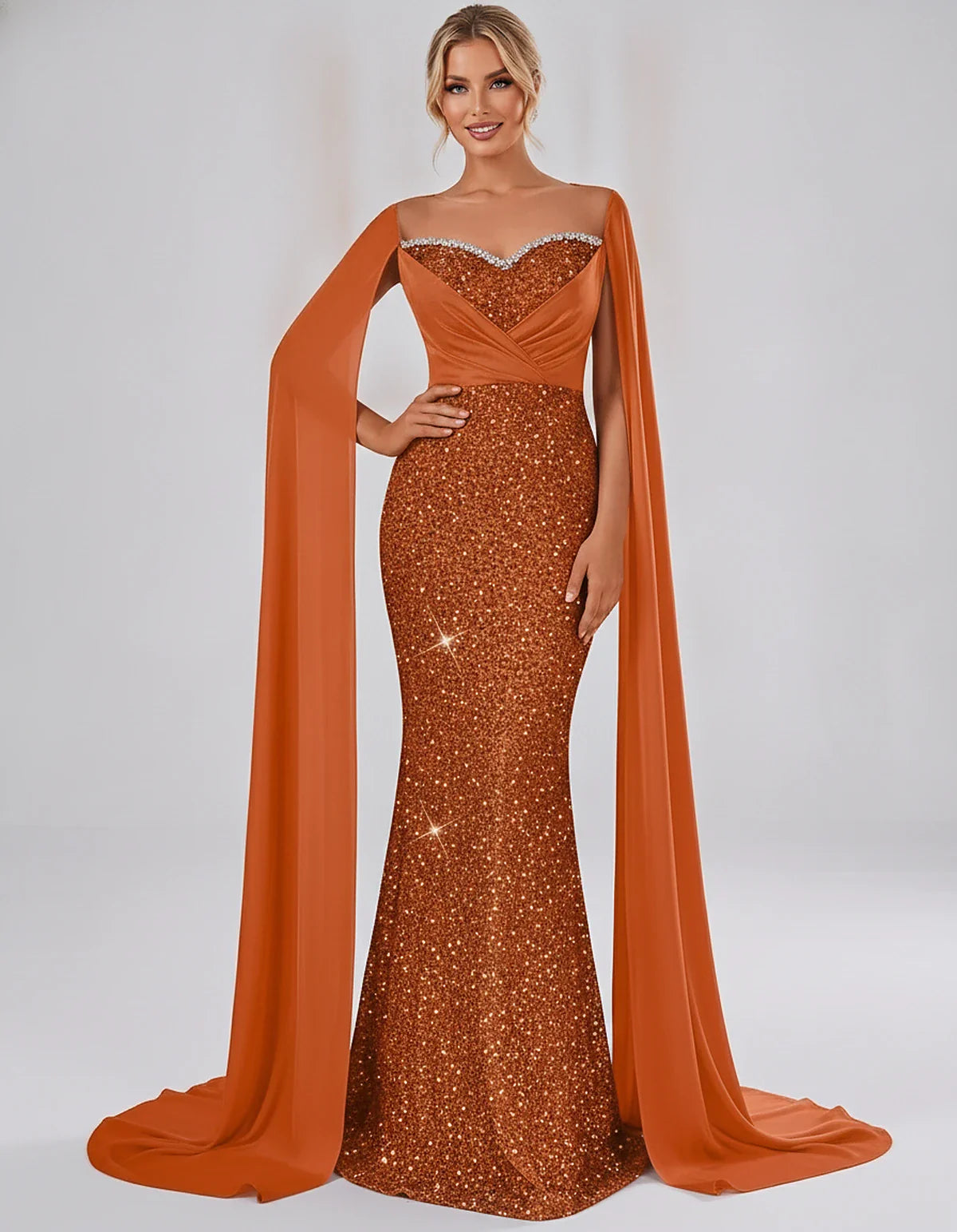 Sequin Cape Sleeve Sweetheart Mermaid Maxi Dress for Party, Cocktail, Evening, Wedding Guest, Prom & Summer Events, front vie | SKU: CMD-583920174618352-ORANGE-L,CMD-583920174618352-ORANGE-M,CMD-583920174618352-ORANGE-S,CMD-583920174618352-ORANGE-XL,CMD-583920174618352-ORANGE-XS