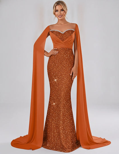 Sequin Cape Sleeve Sweetheart Mermaid Maxi Dress for Party, Cocktail, Evening, Wedding Guest, Prom & Summer Events, front vie | SKU: CMD-583920174618352-ORANGE-L,CMD-583920174618352-ORANGE-M,CMD-583920174618352-ORANGE-S,CMD-583920174618352-ORANGE-XL,CMD-583920174618352-ORANGE-XS