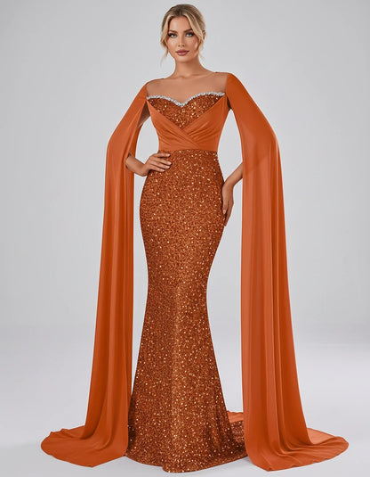 Sequin Cape Sleeve Sweetheart Mermaid Maxi Dress for Party, Cocktail, Evening, Wedding Guest, Prom & Summer Events, front vie | SKU: CMD-583920174618352-ORANGE-L,CMD-583920174618352-ORANGE-M,CMD-583920174618352-ORANGE-S,CMD-583920174618352-ORANGE-XL,CMD-583920174618352-ORANGE-XS