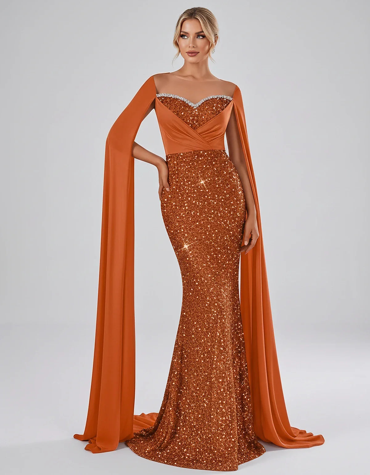 Sequin Cape Sleeve Sweetheart Mermaid Maxi Dress for Party, Cocktail, Evening, Wedding Guest, Prom & Summer Events, front vie | SKU: CMD-583920174618352-ORANGE-L,CMD-583920174618352-ORANGE-M,CMD-583920174618352-ORANGE-S,CMD-583920174618352-ORANGE-XL,CMD-583920174618352-ORANGE-XS