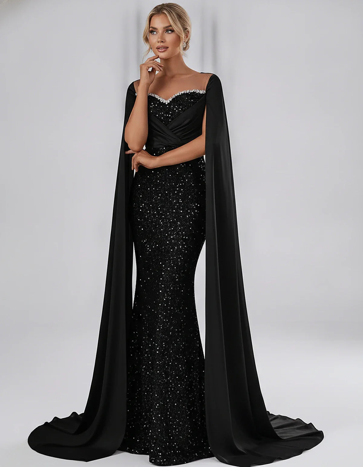 Sequin Cape Sleeve Sweetheart Mermaid Maxi Dress for Party, Cocktail, Evening, Wedding Guest, Prom & Summer Events, front vie | SKU: CMD-583920174618352-BLACK-L,CMD-583920174618352-BLACK-M,CMD-583920174618352-BLACK-S,CMD-583920174618352-BLACK-XL,CMD-583920174618352-BLACK-XS