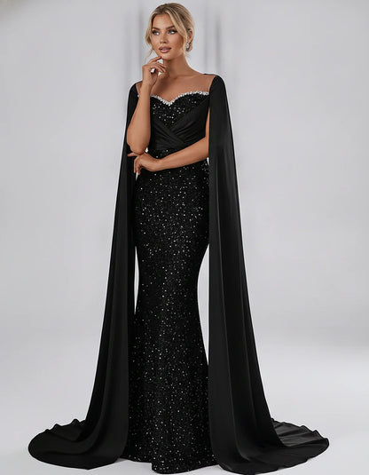 Sequin Cape Sleeve Sweetheart Mermaid Maxi Dress for Party, Cocktail, Evening, Wedding Guest, Prom & Summer Events, front vie | SKU: CMD-583920174618352-BLACK-L,CMD-583920174618352-BLACK-M,CMD-583920174618352-BLACK-S,CMD-583920174618352-BLACK-XL,CMD-583920174618352-BLACK-XS