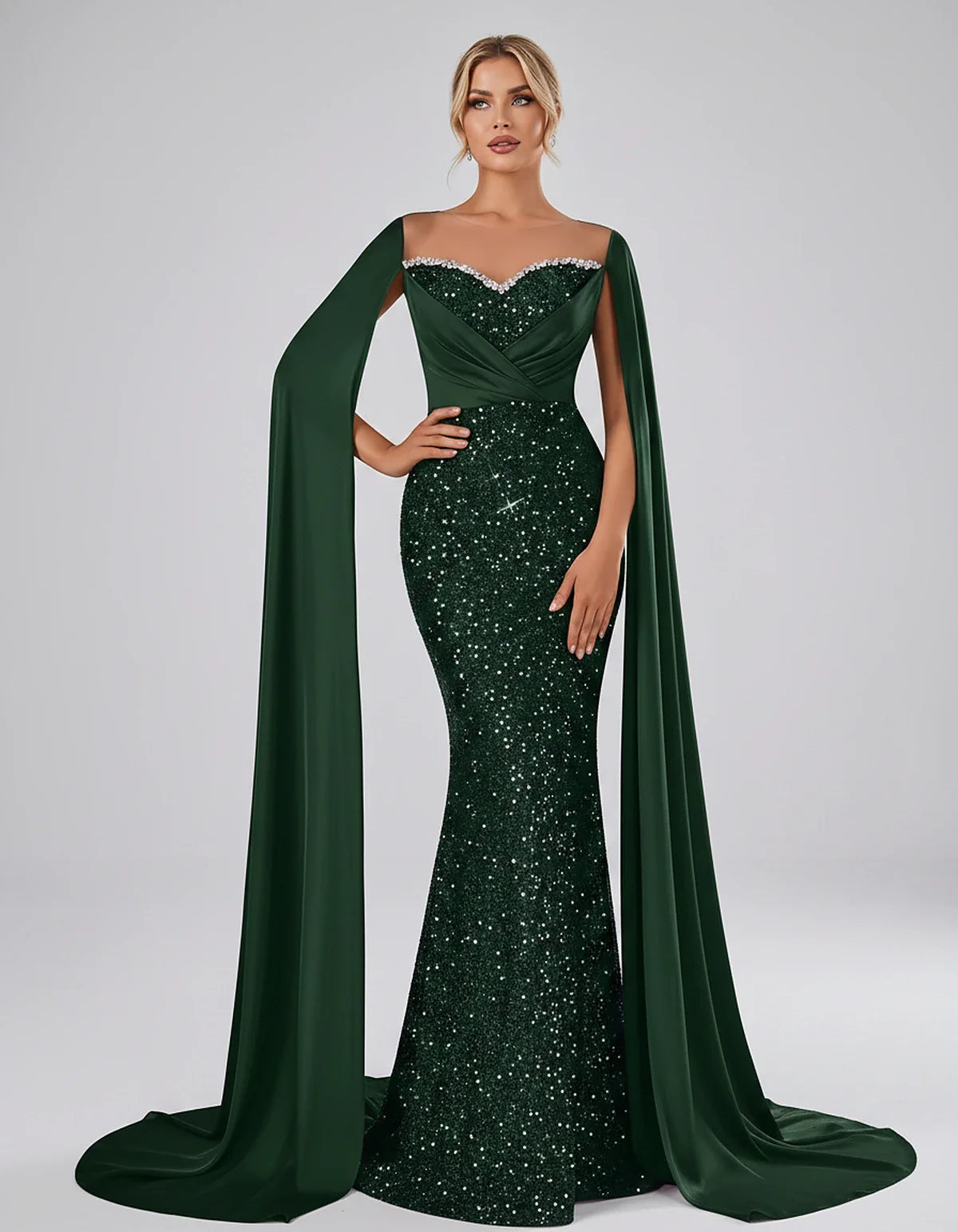 Sequin Cape Sleeve Sweetheart Mermaid Maxi Dress for Party, Cocktail, Evening, Wedding Guest, Prom & Summer Events, front vie | SKU: CMD-583920174618352-EMERALD-L,CMD-583920174618352-EMERALD-M,CMD-583920174618352-EMERALD-S,CMD-583920174618352-EMERALD-XL,CMD-583920174618352-EMERALD-XS