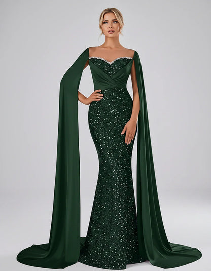 Sequin Cape Sleeve Sweetheart Mermaid Maxi Dress for Party, Cocktail, Evening, Wedding Guest, Prom & Summer Events, front vie | SKU: CMD-583920174618352-EMERALD-L,CMD-583920174618352-EMERALD-M,CMD-583920174618352-EMERALD-S,CMD-583920174618352-EMERALD-XL,CMD-583920174618352-EMERALD-XS