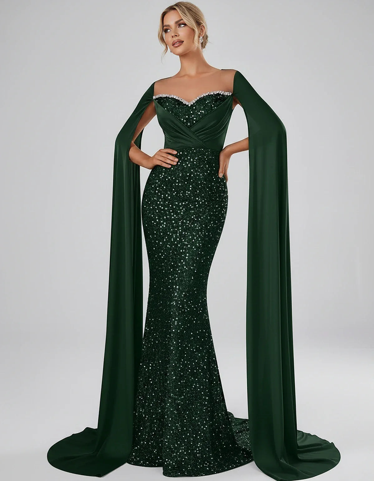 Sequin Cape Sleeve Sweetheart Mermaid Maxi Dress for Party, Cocktail, Evening, Wedding Guest, Prom & Summer Events, front vie | SKU: CMD-583920174618352-EMERALD-L,CMD-583920174618352-EMERALD-M,CMD-583920174618352-EMERALD-S,CMD-583920174618352-EMERALD-XL,CMD-583920174618352-EMERALD-XS
