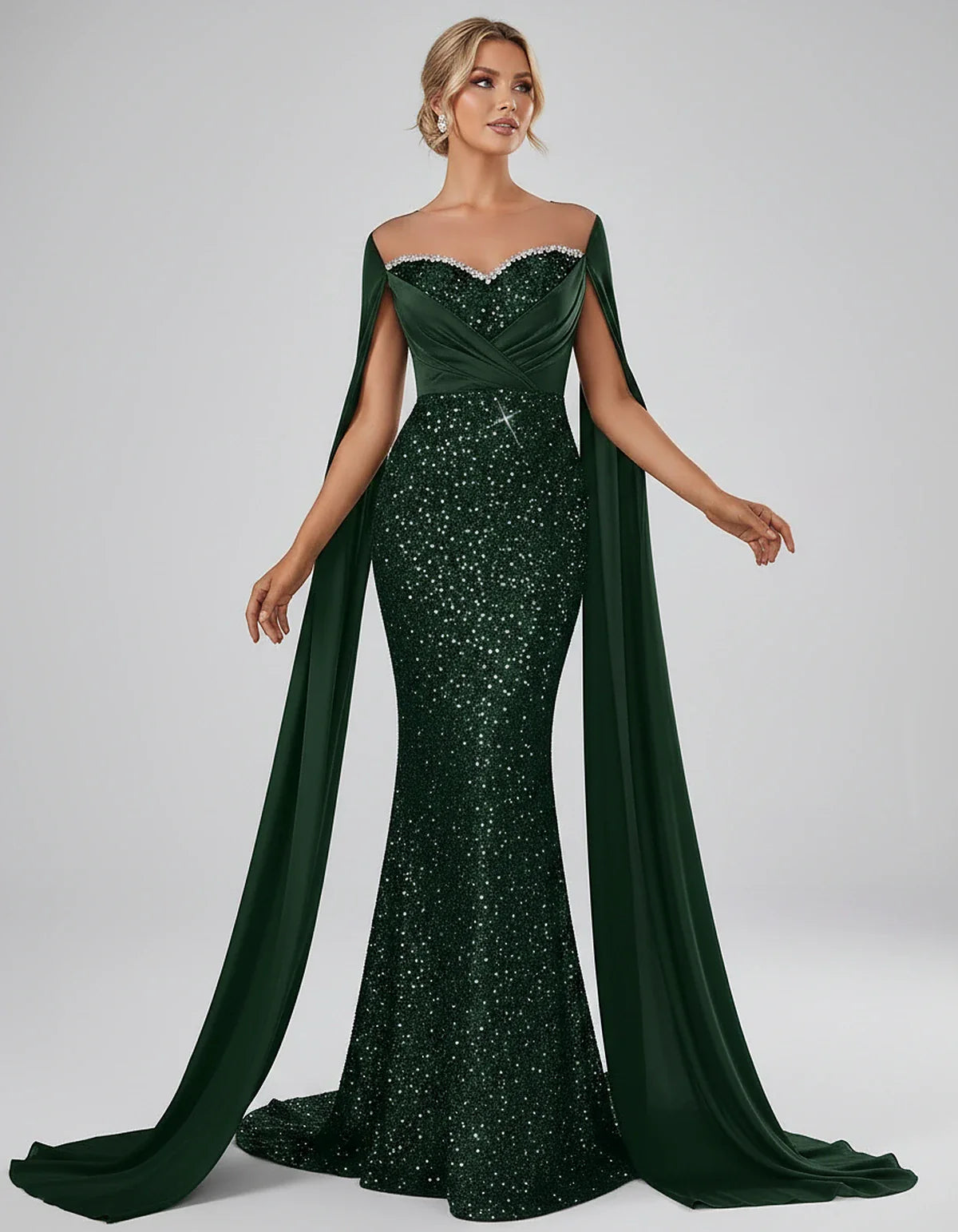 Sequin Cape Sleeve Sweetheart Mermaid Maxi Dress for Party, Cocktail, Evening, Wedding Guest, Prom & Summer Events, front vie | SKU: CMD-583920174618352-EMERALD-L,CMD-583920174618352-EMERALD-M,CMD-583920174618352-EMERALD-S,CMD-583920174618352-EMERALD-XL,CMD-583920174618352-EMERALD-XS