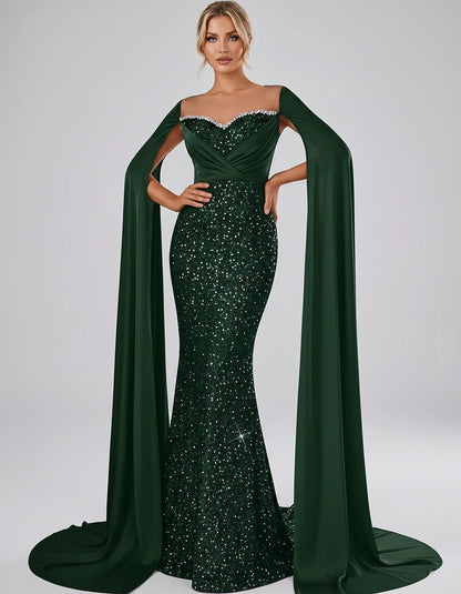 Sequin Cape Sleeve Sweetheart Mermaid Maxi Dress for Party, Cocktail, Evening, Wedding Guest, Prom & Summer Events, front vie | SKU: CMD-583920174618352-EMERALD-L,CMD-583920174618352-EMERALD-M,CMD-583920174618352-EMERALD-S,CMD-583920174618352-EMERALD-XL,CMD-583920174618352-EMERALD-XS