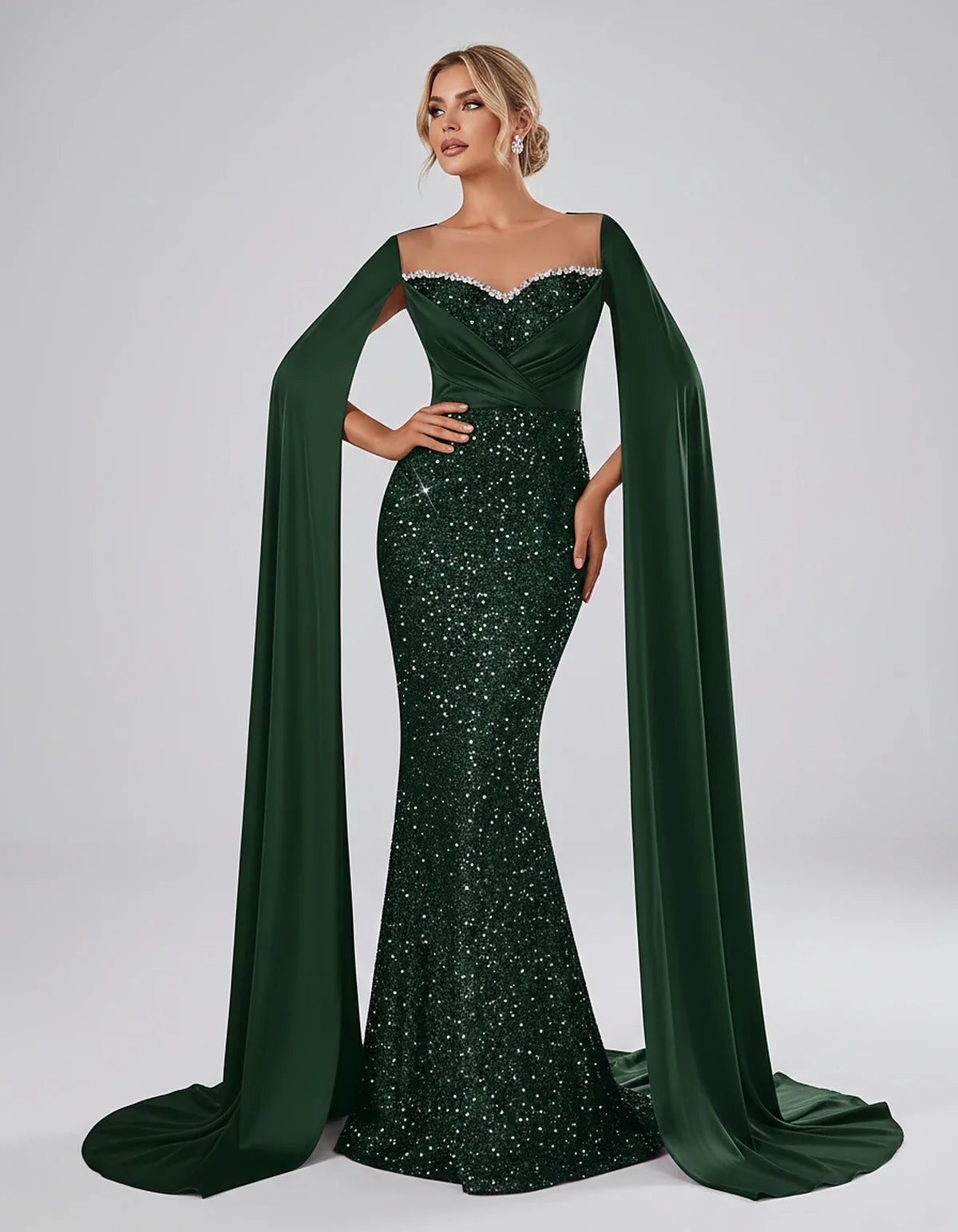 Sequin Cape Sleeve Sweetheart Mermaid Maxi Dress for Party, Cocktail, Evening, Wedding Guest, Prom & Summer Events, front vie | SKU: CMD-583920174618352-EMERALD-L,CMD-583920174618352-EMERALD-M,CMD-583920174618352-EMERALD-S,CMD-583920174618352-EMERALD-XL,CMD-583920174618352-EMERALD-XS