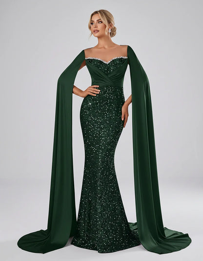 Sequin Cape Sleeve Sweetheart Mermaid Maxi Dress for Party, Cocktail, Evening, Wedding Guest, Prom & Summer Events, front vie | SKU: CMD-583920174618352-EMERALD-L,CMD-583920174618352-EMERALD-M,CMD-583920174618352-EMERALD-S,CMD-583920174618352-EMERALD-XL,CMD-583920174618352-EMERALD-XS
