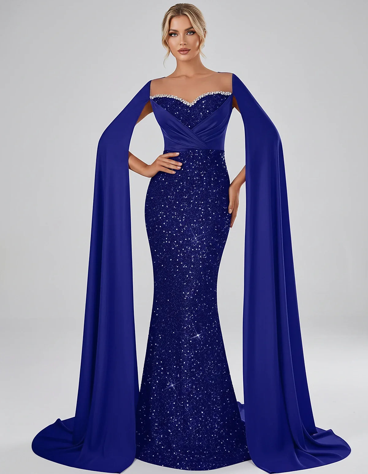 Sequin Cape Sleeve Sweetheart Mermaid Maxi Dress for Party, Cocktail, Evening, Wedding Guest, Prom & Summer Events, front vie | SKU: CMD-583920174618352-ROYALBLUE-L,CMD-583920174618352-ROYALBLUE-M,CMD-583920174618352-ROYALBLUE-S,CMD-583920174618352-ROYALBLUE-XL,CMD-583920174618352-ROYALBLUE-XS