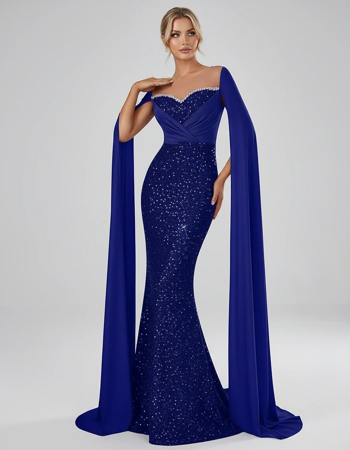 Sequin Cape Sleeve Sweetheart Mermaid Maxi Dress for Party, Cocktail, Evening, Wedding Guest, Prom & Summer Events, front vie | SKU: CMD-583920174618352-ROYALBLUE-L,CMD-583920174618352-ROYALBLUE-M,CMD-583920174618352-ROYALBLUE-S,CMD-583920174618352-ROYALBLUE-XL,CMD-583920174618352-ROYALBLUE-XS