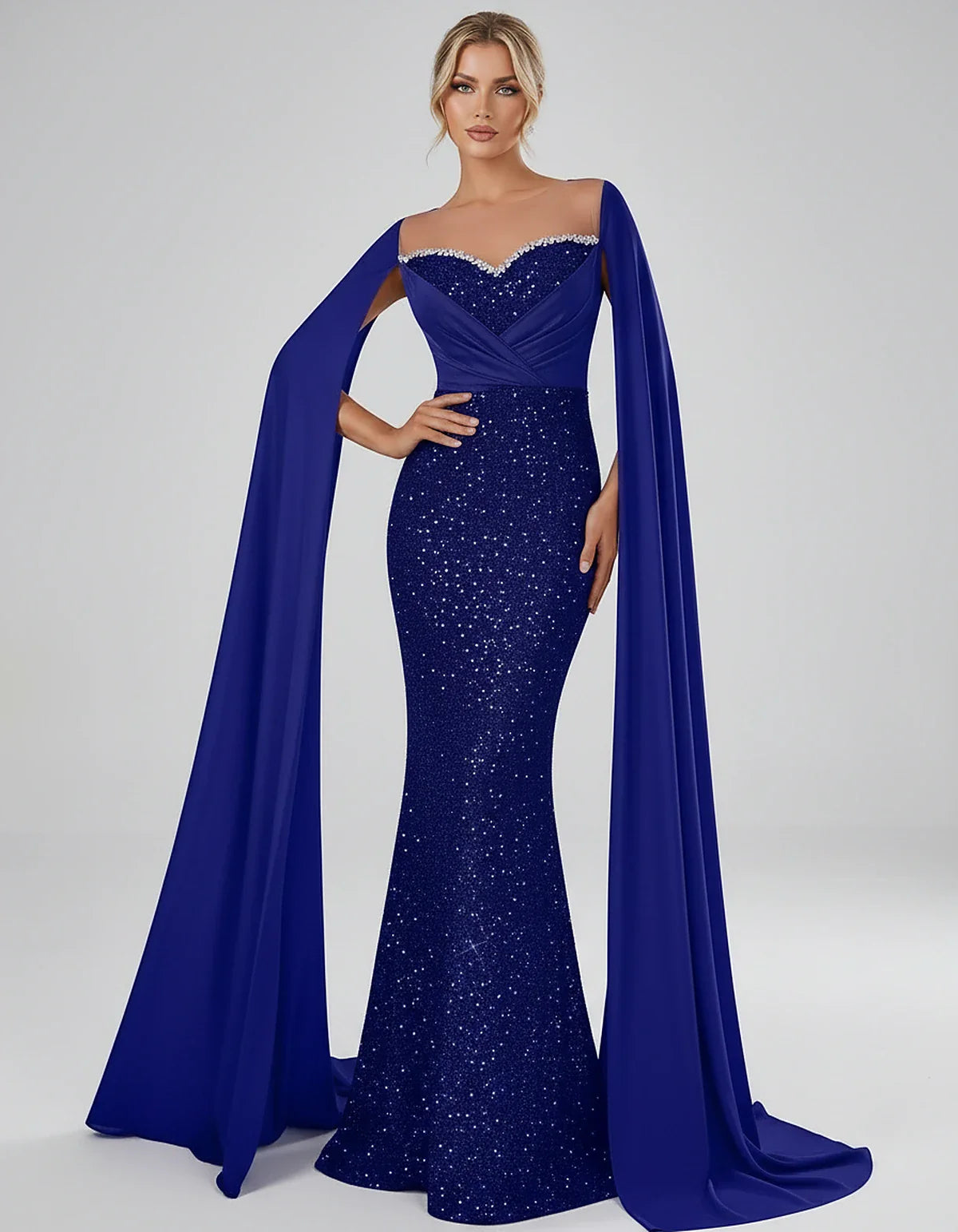 Sequin Cape Sleeve Sweetheart Mermaid Maxi Dress for Party, Cocktail, Evening, Wedding Guest, Prom & Summer Events, front vie | SKU: CMD-583920174618352-ROYALBLUE-L,CMD-583920174618352-ROYALBLUE-M,CMD-583920174618352-ROYALBLUE-S,CMD-583920174618352-ROYALBLUE-XL,CMD-583920174618352-ROYALBLUE-XS