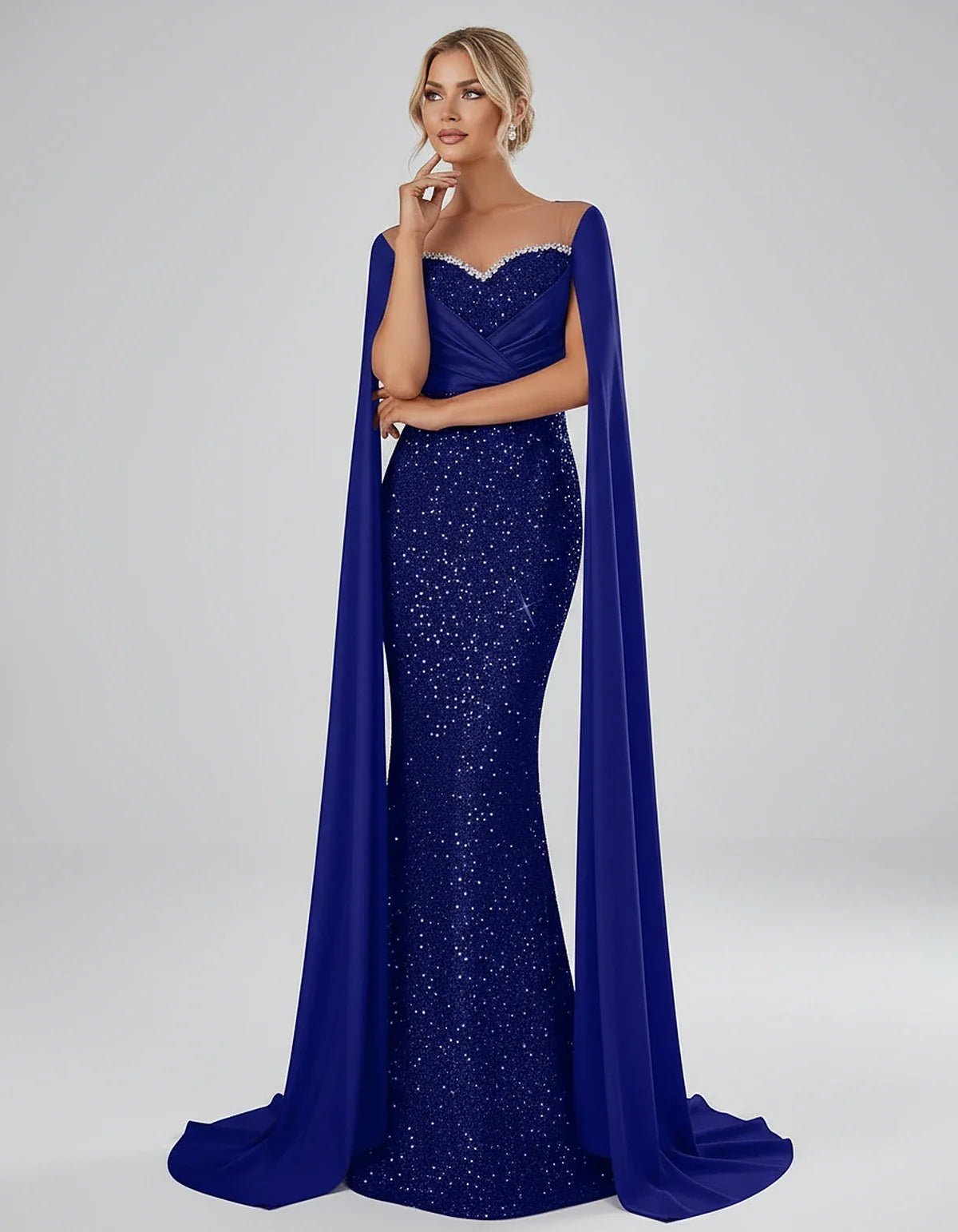 Sequin Cape Sleeve Sweetheart Mermaid Maxi Dress for Party, Cocktail, Evening, Wedding Guest, Prom & Summer Events, front vie | SKU: CMD-583920174618352-ROYALBLUE-L,CMD-583920174618352-ROYALBLUE-M,CMD-583920174618352-ROYALBLUE-S,CMD-583920174618352-ROYALBLUE-XL,CMD-583920174618352-ROYALBLUE-XS