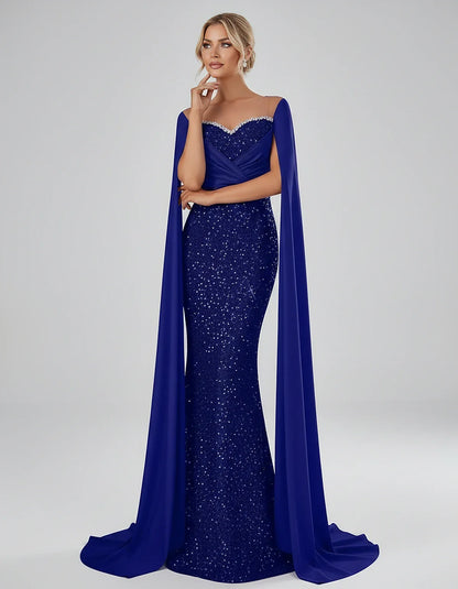 Sequin Cape Sleeve Sweetheart Mermaid Maxi Dress for Party, Cocktail, Evening, Wedding Guest, Prom & Summer Events, front vie | SKU: CMD-583920174618352-ROYALBLUE-L,CMD-583920174618352-ROYALBLUE-M,CMD-583920174618352-ROYALBLUE-S,CMD-583920174618352-ROYALBLUE-XL,CMD-583920174618352-ROYALBLUE-XS
