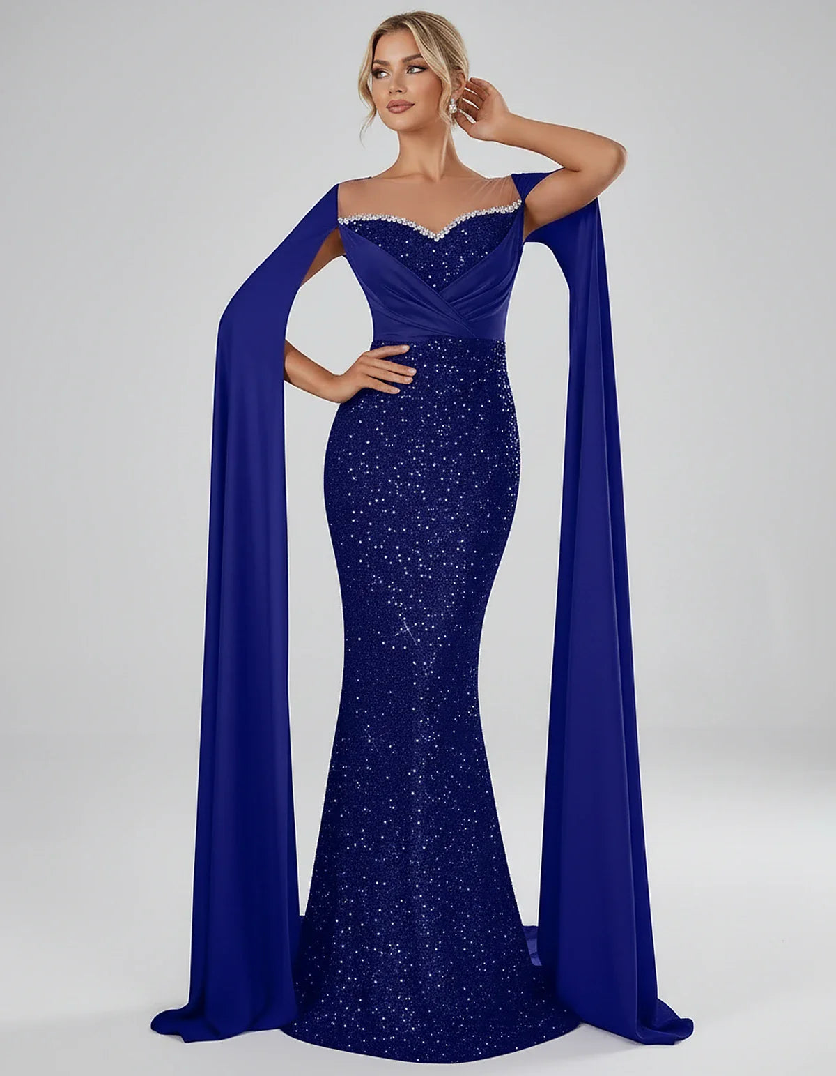 Sequin Cape Sleeve Sweetheart Mermaid Maxi Dress for Party, Cocktail, Evening, Wedding Guest, Prom & Summer Events, front vie | SKU: CMD-583920174618352-ROYALBLUE-L,CMD-583920174618352-ROYALBLUE-M,CMD-583920174618352-ROYALBLUE-S,CMD-583920174618352-ROYALBLUE-XL,CMD-583920174618352-ROYALBLUE-XS