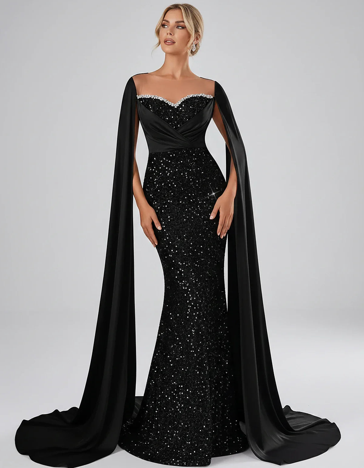 Sequin Cape Sleeve Sweetheart Mermaid Maxi Dress for Party, Cocktail, Evening, Wedding Guest, Prom & Summer Events, front vie | SKU: CMD-583920174618352-BLACK-L,CMD-583920174618352-BLACK-M,CMD-583920174618352-BLACK-S,CMD-583920174618352-BLACK-XL,CMD-583920174618352-BLACK-XS