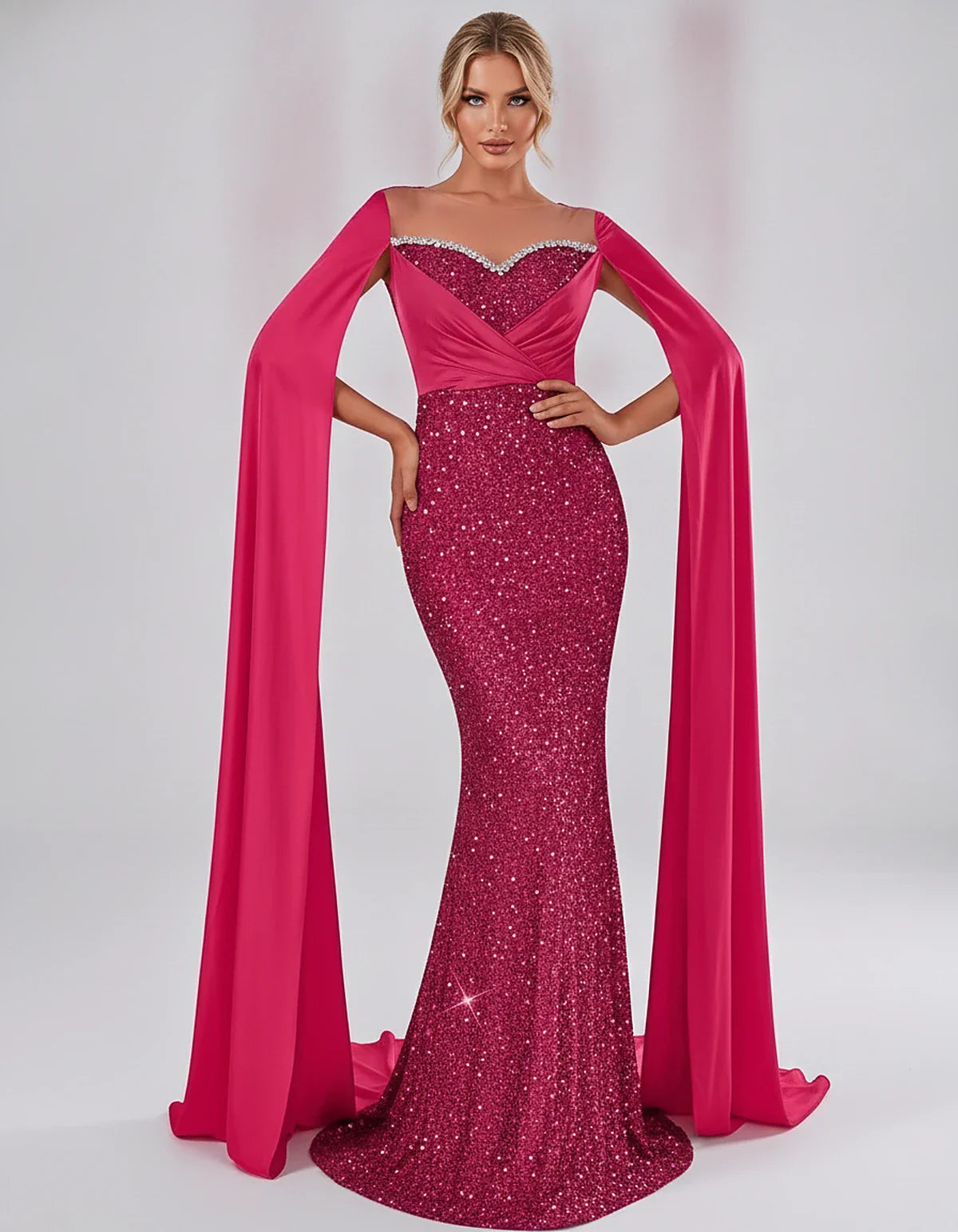 Sequin Cape Sleeve Sweetheart Mermaid Maxi Dress for Party, Cocktail, Evening, Wedding Guest, Prom & Summer Events, front vie | SKU: CMD-583920174618352-HOTPINK-L,CMD-583920174618352-HOTPINK-M,CMD-583920174618352-HOTPINK-S,CMD-583920174618352-HOTPINK-XL,CMD-583920174618352-HOTPINK-XS