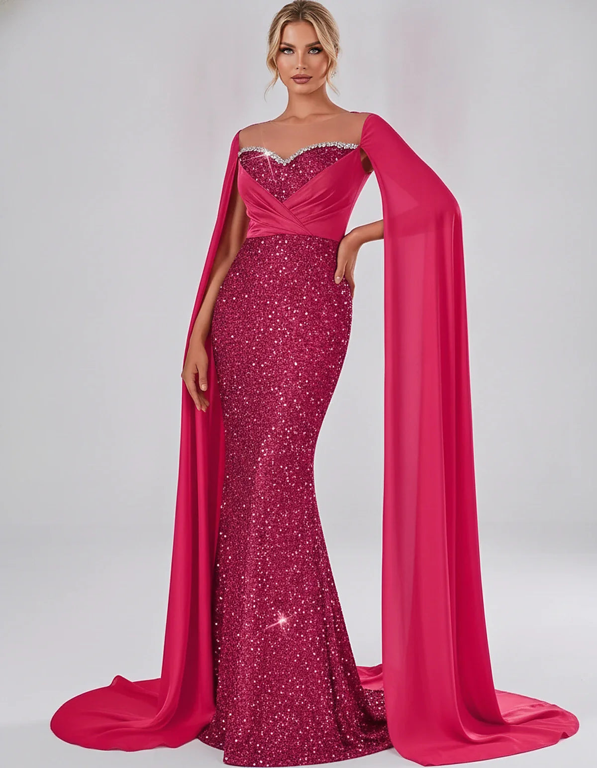 Sequin Cape Sleeve Sweetheart Mermaid Maxi Dress for Party, Cocktail, Evening, Wedding Guest, Prom & Summer Events, front vie | SKU: CMD-583920174618352-HOTPINK-L,CMD-583920174618352-HOTPINK-M,CMD-583920174618352-HOTPINK-S,CMD-583920174618352-HOTPINK-XL,CMD-583920174618352-HOTPINK-XS