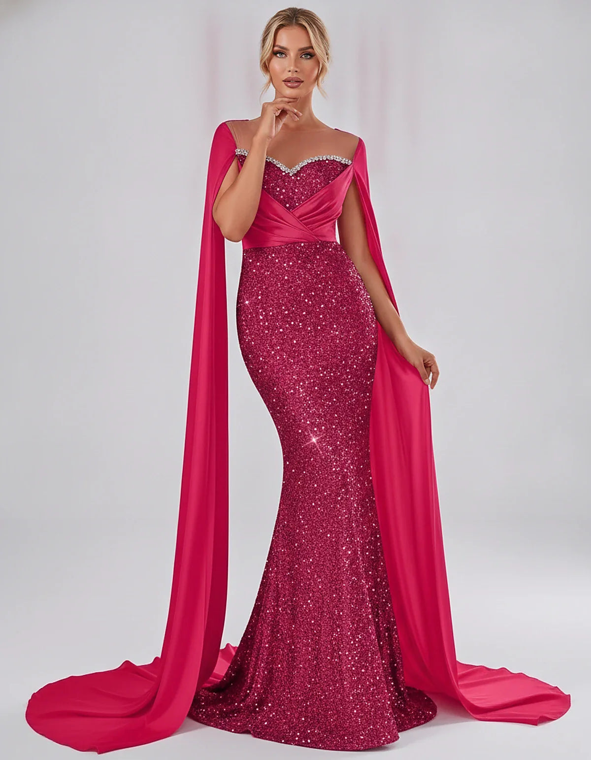 Sequin Cape Sleeve Sweetheart Mermaid Maxi Dress for Party, Cocktail, Evening, Wedding Guest, Prom & Summer Events, front vie | SKU: CMD-583920174618352-HOTPINK-L,CMD-583920174618352-HOTPINK-M,CMD-583920174618352-HOTPINK-S,CMD-583920174618352-HOTPINK-XL,CMD-583920174618352-HOTPINK-XS