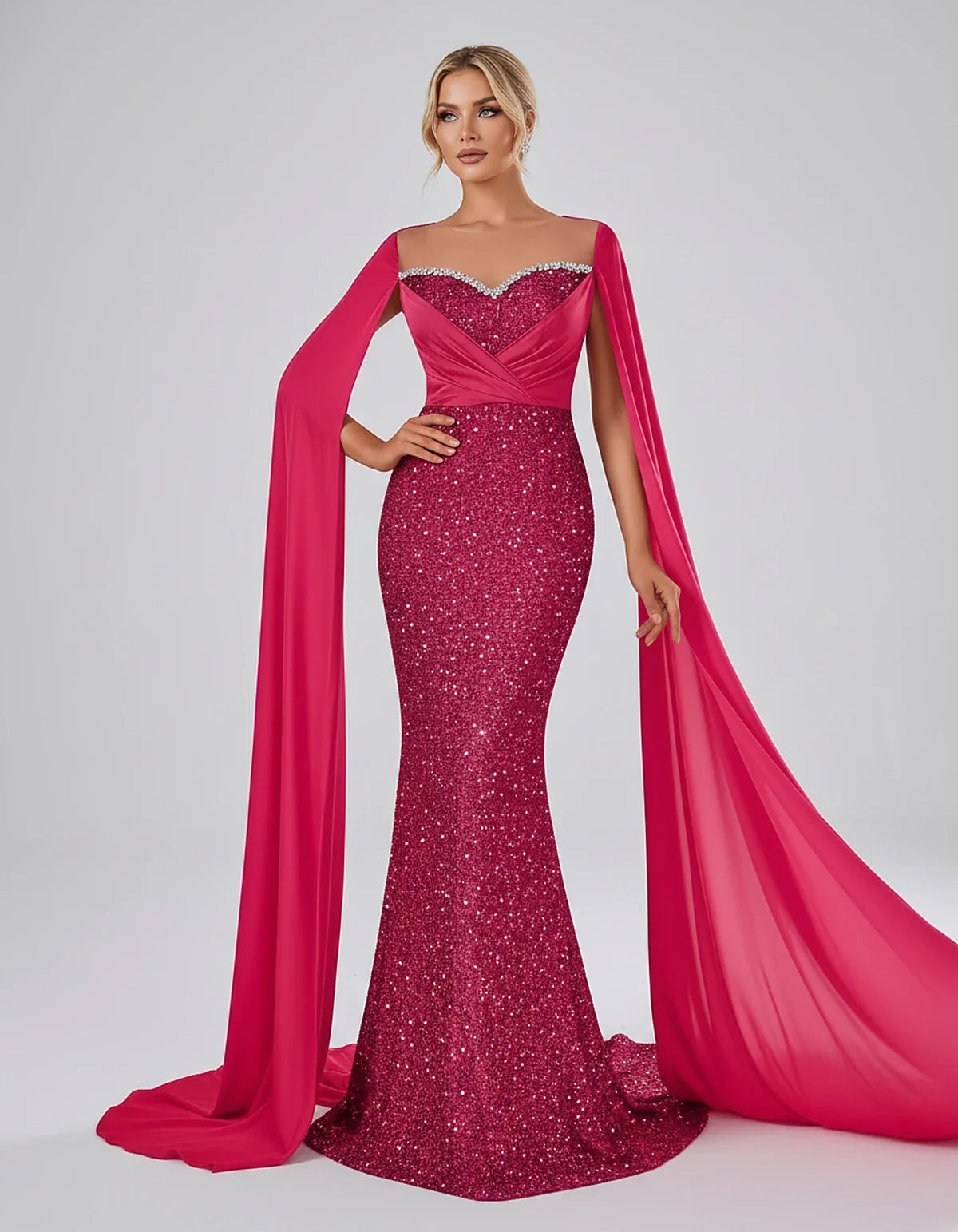 Sequin Cape Sleeve Sweetheart Mermaid Maxi Dress for Party, Cocktail, Evening, Wedding Guest, Prom & Summer Events, front vie | SKU: CMD-583920174618352-HOTPINK-L,CMD-583920174618352-HOTPINK-M,CMD-583920174618352-HOTPINK-S,CMD-583920174618352-HOTPINK-XL,CMD-583920174618352-HOTPINK-XS