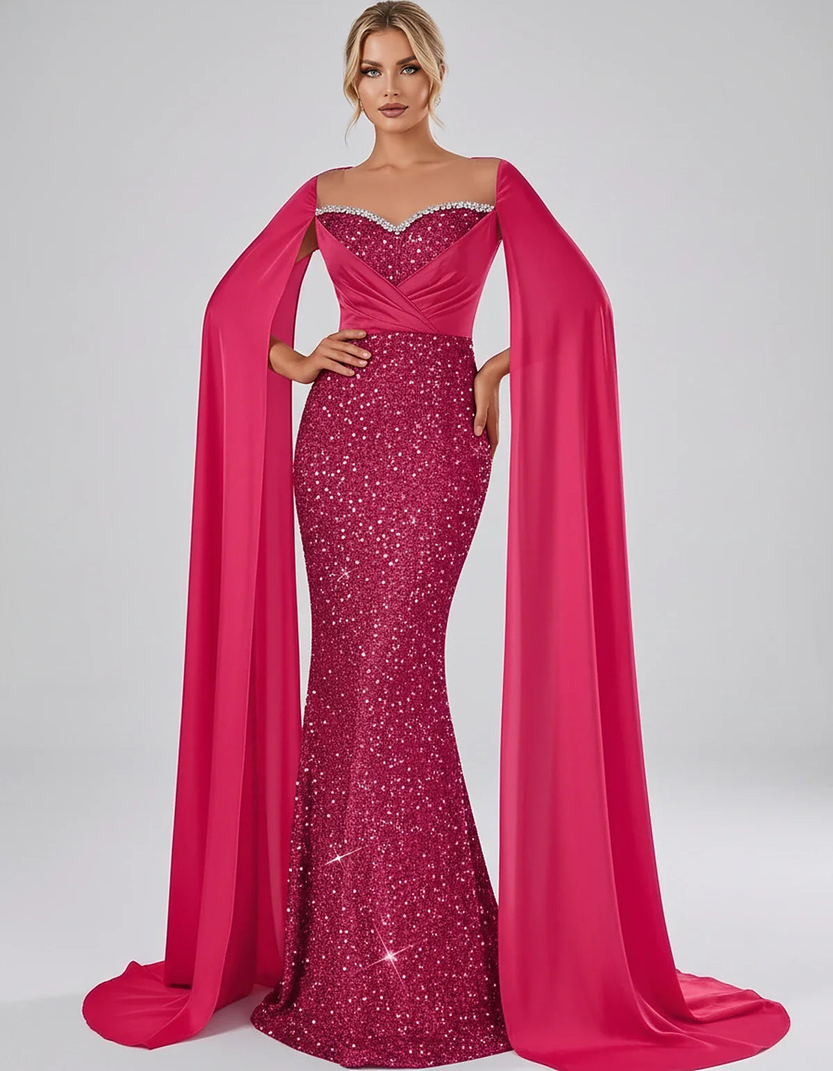 Sequin Cape Sleeve Sweetheart Mermaid Maxi Dress for Party, Cocktail, Evening, Wedding Guest, Prom & Summer Events, front vie | SKU: CMD-583920174618352-HOTPINK-L,CMD-583920174618352-HOTPINK-M,CMD-583920174618352-HOTPINK-S,CMD-583920174618352-HOTPINK-XL,CMD-583920174618352-HOTPINK-XS