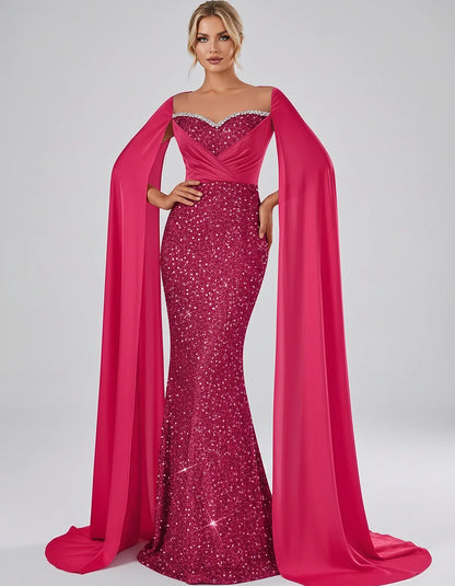 Sequin Cape Sleeve Sweetheart Mermaid Maxi Dress for Party, Cocktail, Evening, Wedding Guest, Prom & Summer Events, front vie | SKU: CMD-583920174618352-HOTPINK-L,CMD-583920174618352-HOTPINK-M,CMD-583920174618352-HOTPINK-S,CMD-583920174618352-HOTPINK-XL,CMD-583920174618352-HOTPINK-XS