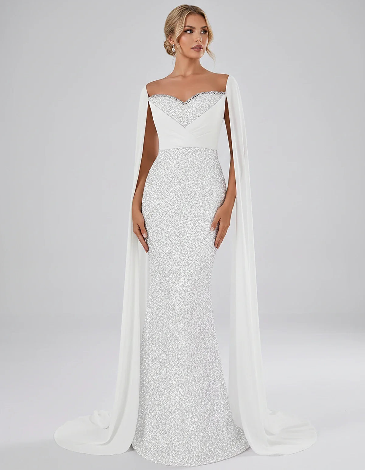 Sequin Cape Sleeve Sweetheart Mermaid Maxi Dress for Party, Cocktail, Evening, Wedding Guest, Prom & Summer Events, front vie | SKU: CMD-583920174618352-WHITE-L,CMD-583920174618352-WHITE-M,CMD-583920174618352-WHITE-S,CMD-583920174618352-WHITE-XL,CMD-583920174618352-WHITE-XS