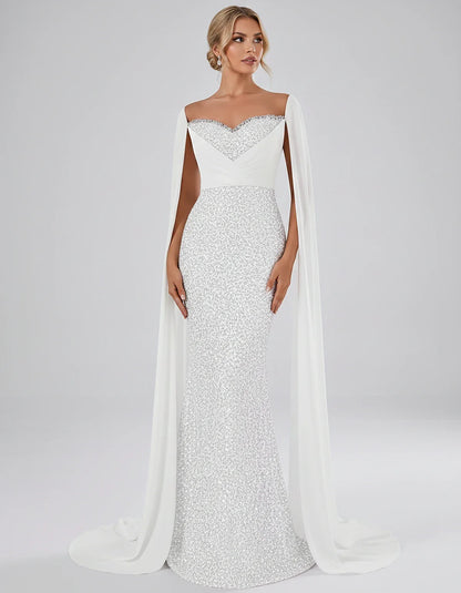 Sequin Cape Sleeve Sweetheart Mermaid Maxi Dress for Party, Cocktail, Evening, Wedding Guest, Prom & Summer Events, front vie | SKU: CMD-583920174618352-WHITE-L,CMD-583920174618352-WHITE-M,CMD-583920174618352-WHITE-S,CMD-583920174618352-WHITE-XL,CMD-583920174618352-WHITE-XS