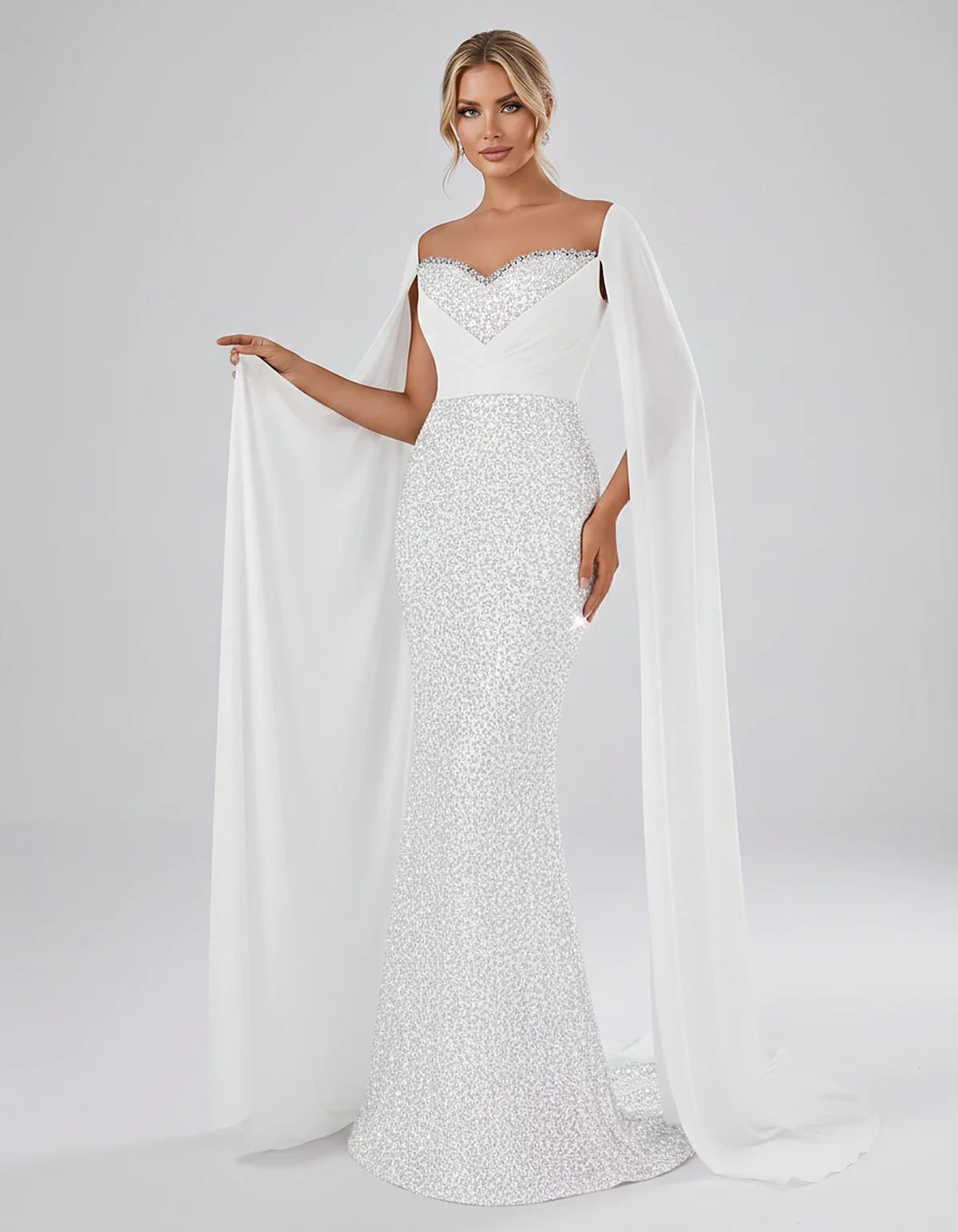 Sequin Cape Sleeve Sweetheart Mermaid Maxi Dress for Party, Cocktail, Evening, Wedding Guest, Prom & Summer Events, front vie | SKU: CMD-583920174618352-WHITE-L,CMD-583920174618352-WHITE-M,CMD-583920174618352-WHITE-S,CMD-583920174618352-WHITE-XL,CMD-583920174618352-WHITE-XS