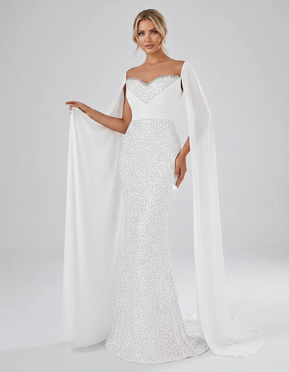 Sequin Cape Sleeve Sweetheart Mermaid Maxi Dress for Party, Cocktail, Evening, Wedding Guest, Prom & Summer Events, front vie | SKU: CMD-583920174618352-WHITE-L,CMD-583920174618352-WHITE-M,CMD-583920174618352-WHITE-S,CMD-583920174618352-WHITE-XL,CMD-583920174618352-WHITE-XS