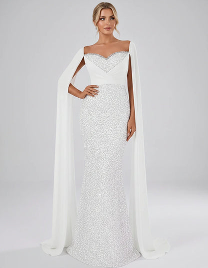 Sequin Cape Sleeve Sweetheart Mermaid Maxi Dress for Party, Cocktail, Evening, Wedding Guest, Prom & Summer Events, front vie | SKU: CMD-583920174618352-WHITE-L,CMD-583920174618352-WHITE-M,CMD-583920174618352-WHITE-S,CMD-583920174618352-WHITE-XL,CMD-583920174618352-WHITE-XS