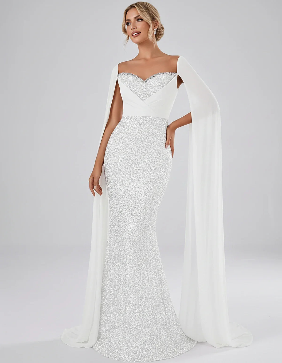 Sequin Cape Sleeve Sweetheart Mermaid Maxi Dress for Party, Cocktail, Evening, Wedding Guest, Prom & Summer Events, front vie | SKU: CMD-583920174618352-WHITE-L,CMD-583920174618352-WHITE-M,CMD-583920174618352-WHITE-S,CMD-583920174618352-WHITE-XL,CMD-583920174618352-WHITE-XS