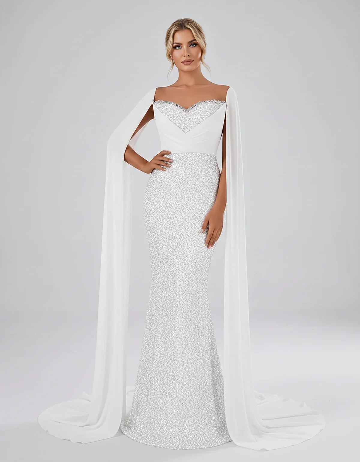 Sequin Cape Sleeve Sweetheart Mermaid Maxi Dress for Party, Cocktail, Evening, Wedding Guest, Prom & Summer Events, front vie | SKU: CMD-583920174618352-WHITE-L,CMD-583920174618352-WHITE-M,CMD-583920174618352-WHITE-S,CMD-583920174618352-WHITE-XL,CMD-583920174618352-WHITE-XS