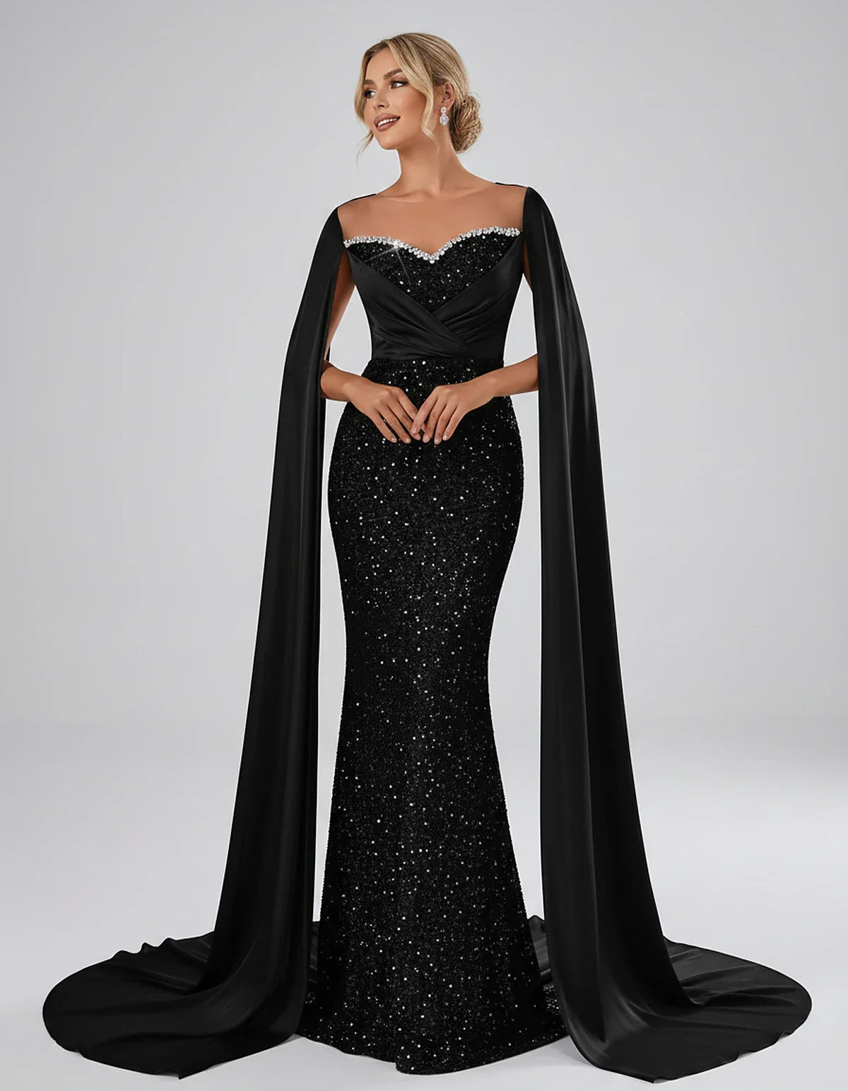 Sequin Cape Sleeve Sweetheart Mermaid Maxi Dress for Party, Cocktail, Evening, Wedding Guest, Prom & Summer Events, front vie | SKU: CMD-583920174618352-BLACK-L,CMD-583920174618352-BLACK-M,CMD-583920174618352-BLACK-S,CMD-583920174618352-BLACK-XL,CMD-583920174618352-BLACK-XS
