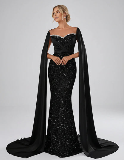 Sequin Cape Sleeve Sweetheart Mermaid Maxi Dress for Party, Cocktail, Evening, Wedding Guest, Prom & Summer Events, front vie | SKU: CMD-583920174618352-BLACK-L,CMD-583920174618352-BLACK-M,CMD-583920174618352-BLACK-S,CMD-583920174618352-BLACK-XL,CMD-583920174618352-BLACK-XS
