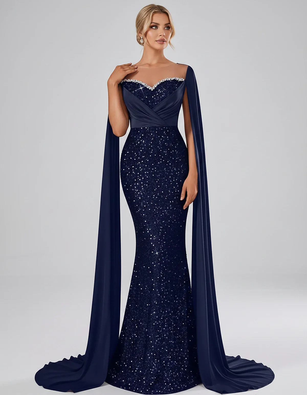 Sequin Cape Sleeve Sweetheart Mermaid Maxi Dress for Party, Cocktail, Evening, Wedding Guest, Prom & Summer Events, front vie | SKU: CMD-583920174618352-NAVY-L,CMD-583920174618352-NAVY-M,CMD-583920174618352-NAVY-S,CMD-583920174618352-NAVY-XL,CMD-583920174618352-NAVY-XS