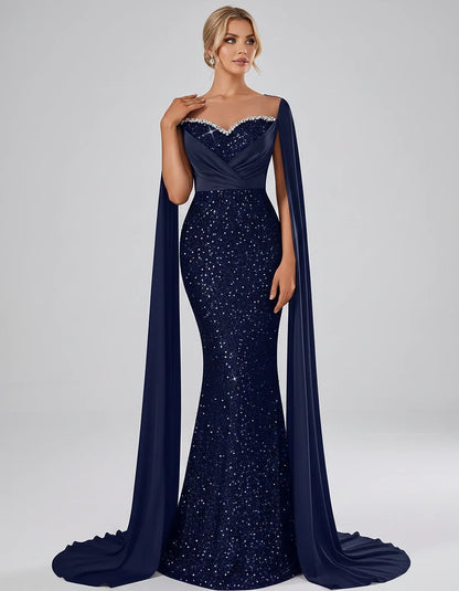 Sequin Cape Sleeve Sweetheart Mermaid Maxi Dress for Party, Cocktail, Evening, Wedding Guest, Prom & Summer Events, front vie | SKU: CMD-583920174618352-NAVY-L,CMD-583920174618352-NAVY-M,CMD-583920174618352-NAVY-S,CMD-583920174618352-NAVY-XL,CMD-583920174618352-NAVY-XS