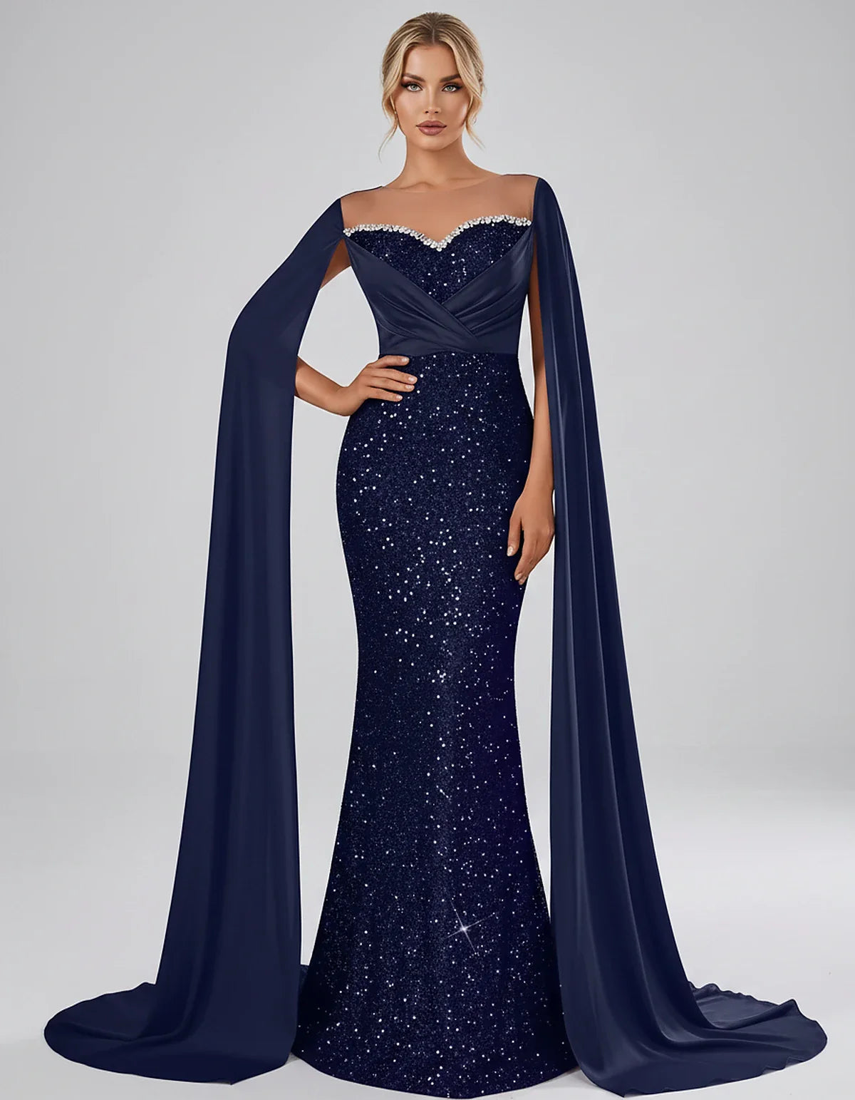 Sequin Cape Sleeve Sweetheart Mermaid Maxi Dress for Party, Cocktail, Evening, Wedding Guest, Prom & Summer Events, front vie | SKU: CMD-583920174618352-NAVY-L,CMD-583920174618352-NAVY-M,CMD-583920174618352-NAVY-S,CMD-583920174618352-NAVY-XL,CMD-583920174618352-NAVY-XS