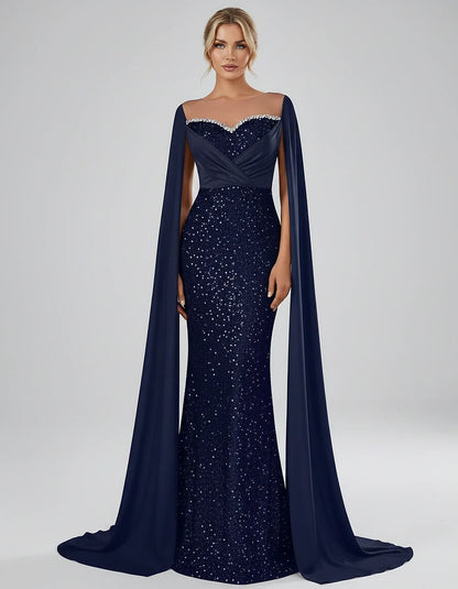 Sequin Cape Sleeve Sweetheart Mermaid Maxi Dress for Party, Cocktail, Evening, Wedding Guest, Prom & Summer Events, front vie | SKU: CMD-583920174618352-NAVY-L,CMD-583920174618352-NAVY-M,CMD-583920174618352-NAVY-S,CMD-583920174618352-NAVY-XL,CMD-583920174618352-NAVY-XS