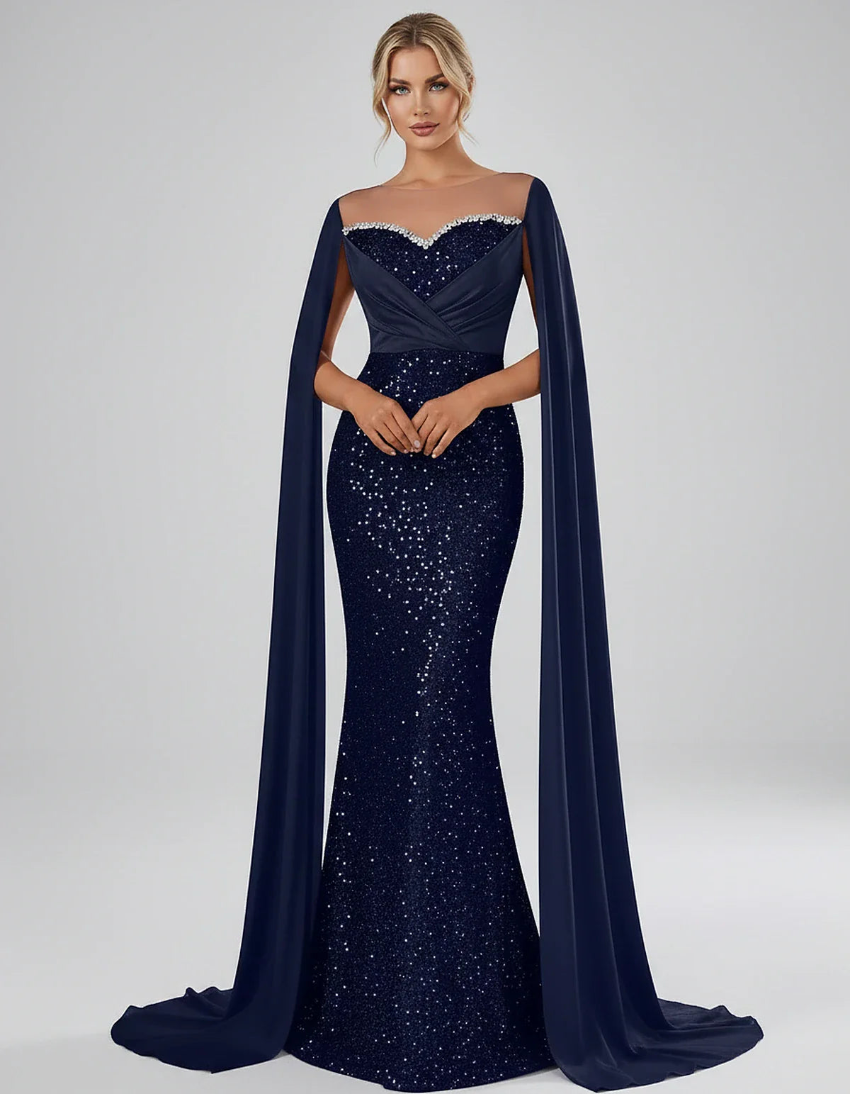 Sequin Cape Sleeve Sweetheart Mermaid Maxi Dress for Party, Cocktail, Evening, Wedding Guest, Prom & Summer Events, front vie | SKU: CMD-583920174618352-NAVY-L,CMD-583920174618352-NAVY-M,CMD-583920174618352-NAVY-S,CMD-583920174618352-NAVY-XL,CMD-583920174618352-NAVY-XS