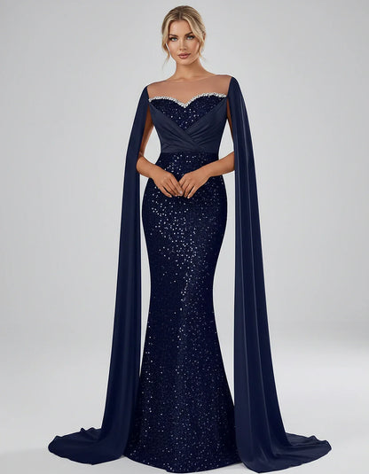 Sequin Cape Sleeve Sweetheart Mermaid Maxi Dress for Party, Cocktail, Evening, Wedding Guest, Prom & Summer Events, front vie | SKU: CMD-583920174618352-NAVY-L,CMD-583920174618352-NAVY-M,CMD-583920174618352-NAVY-S,CMD-583920174618352-NAVY-XL,CMD-583920174618352-NAVY-XS